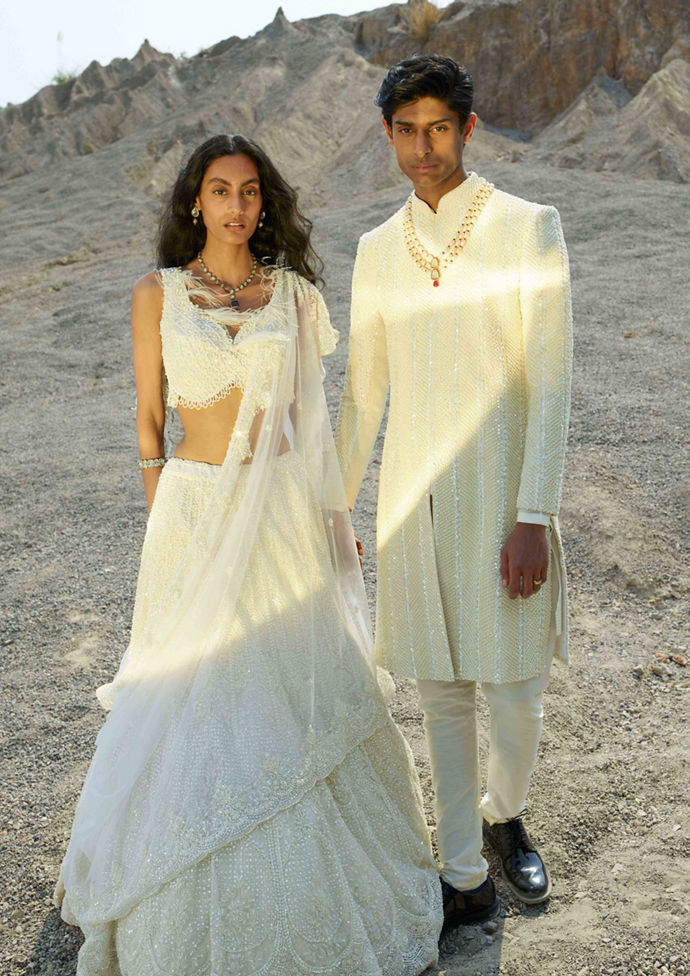 Twamev Women Pearled Ivory White Mirrored Hand Embroidered Lehenga