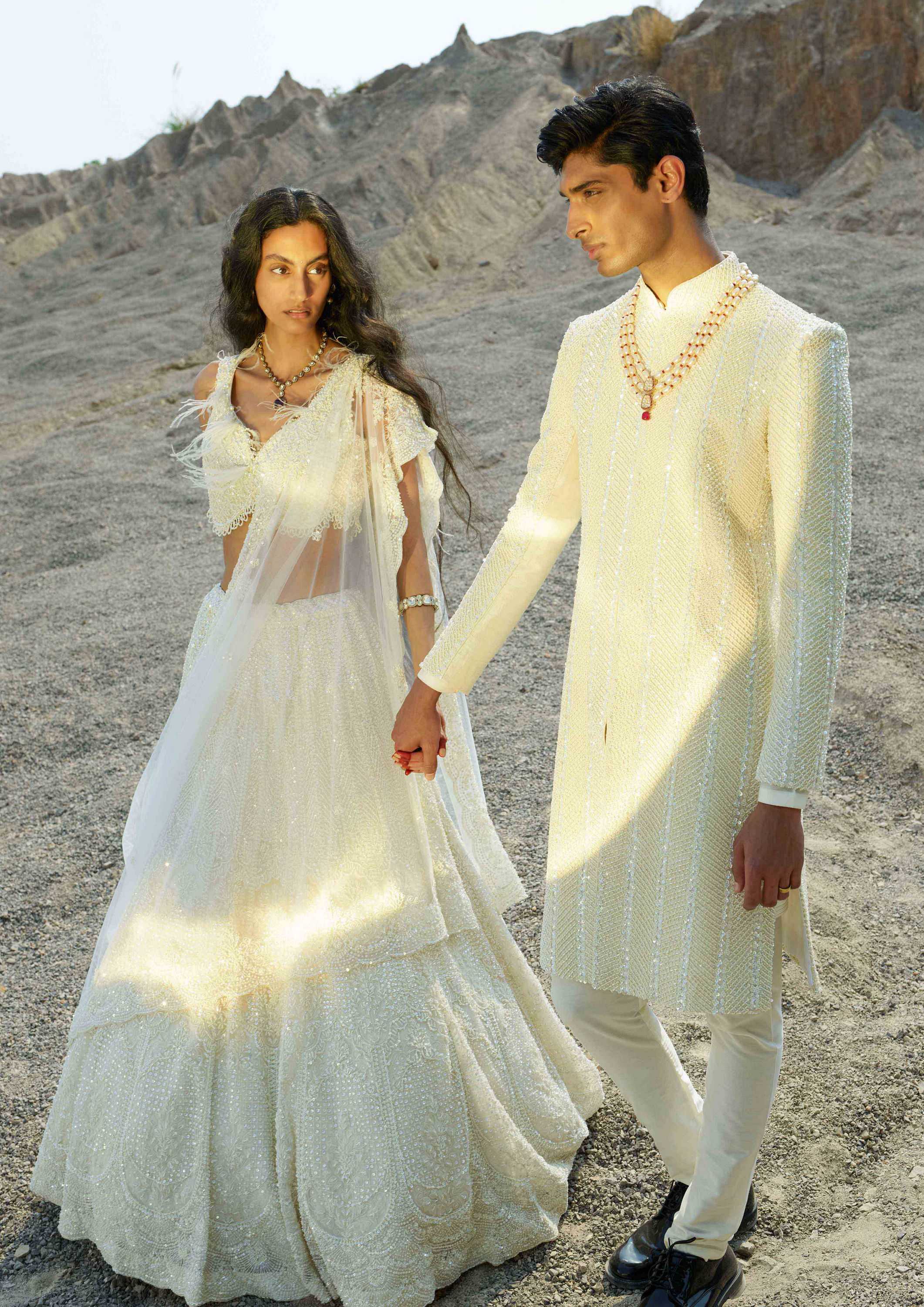 Twamev Women Pearled Ivory White Mirrored Hand Embroidered Lehenga