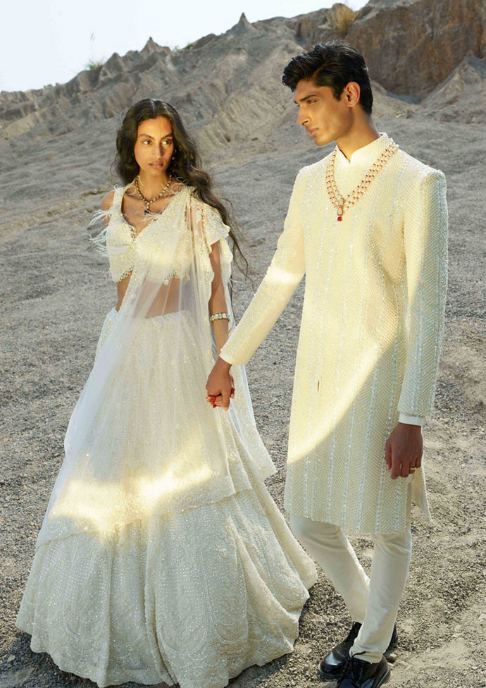 Twamev Women Pearled Ivory White Mirrored Hand Embroidered Lehenga