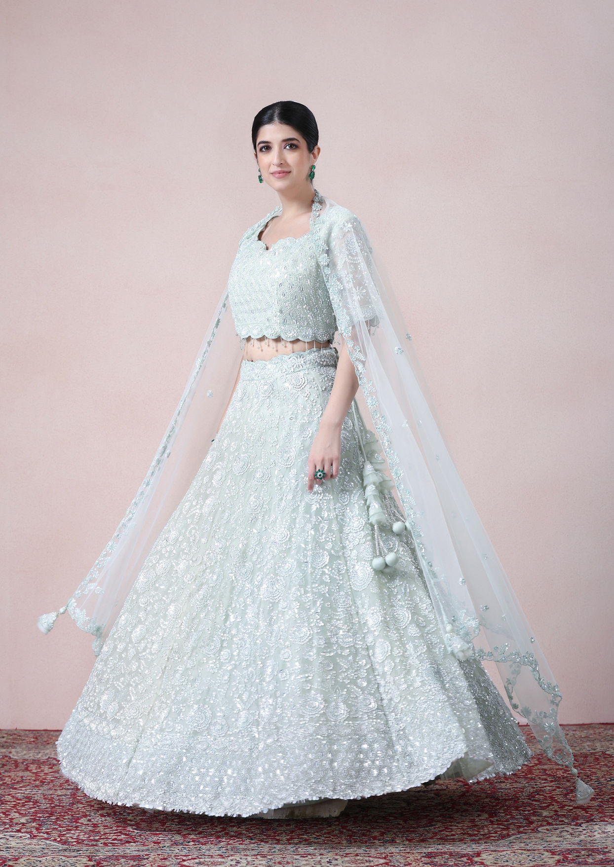 alt message - Twamev Women Serene Sea Green Lehenga image number 2