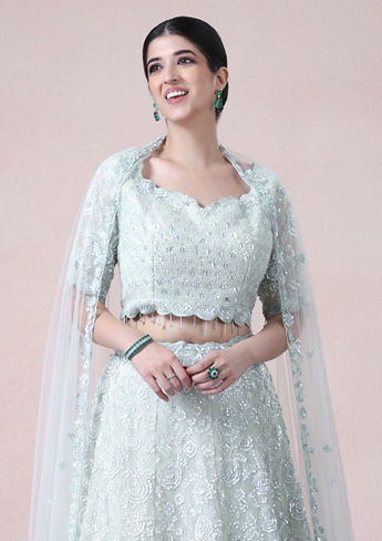 alt message - Twamev Women Serene Sea Green Lehenga image number 1