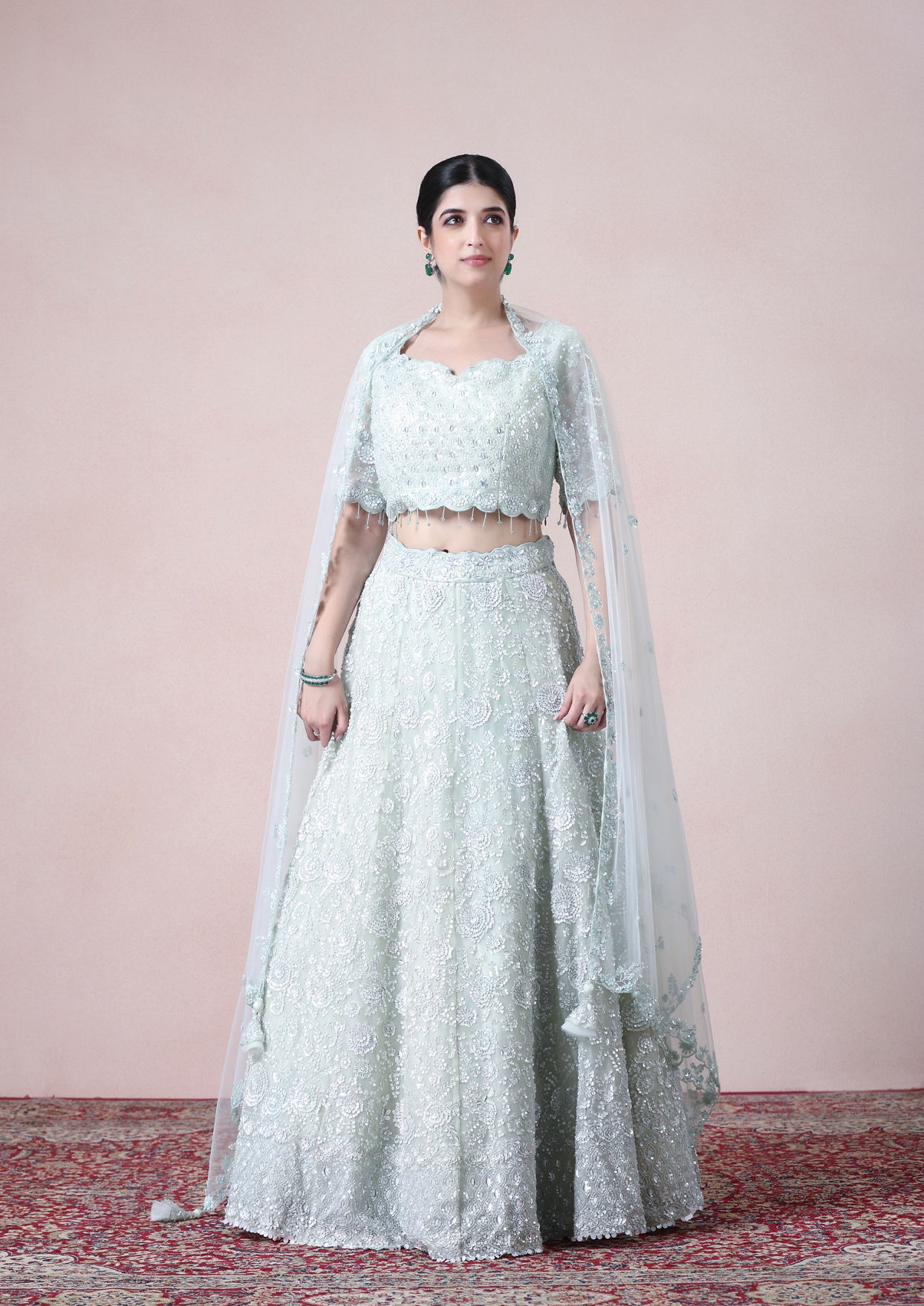 alt message - Twamev Women Serene Sea Green Lehenga image number 0