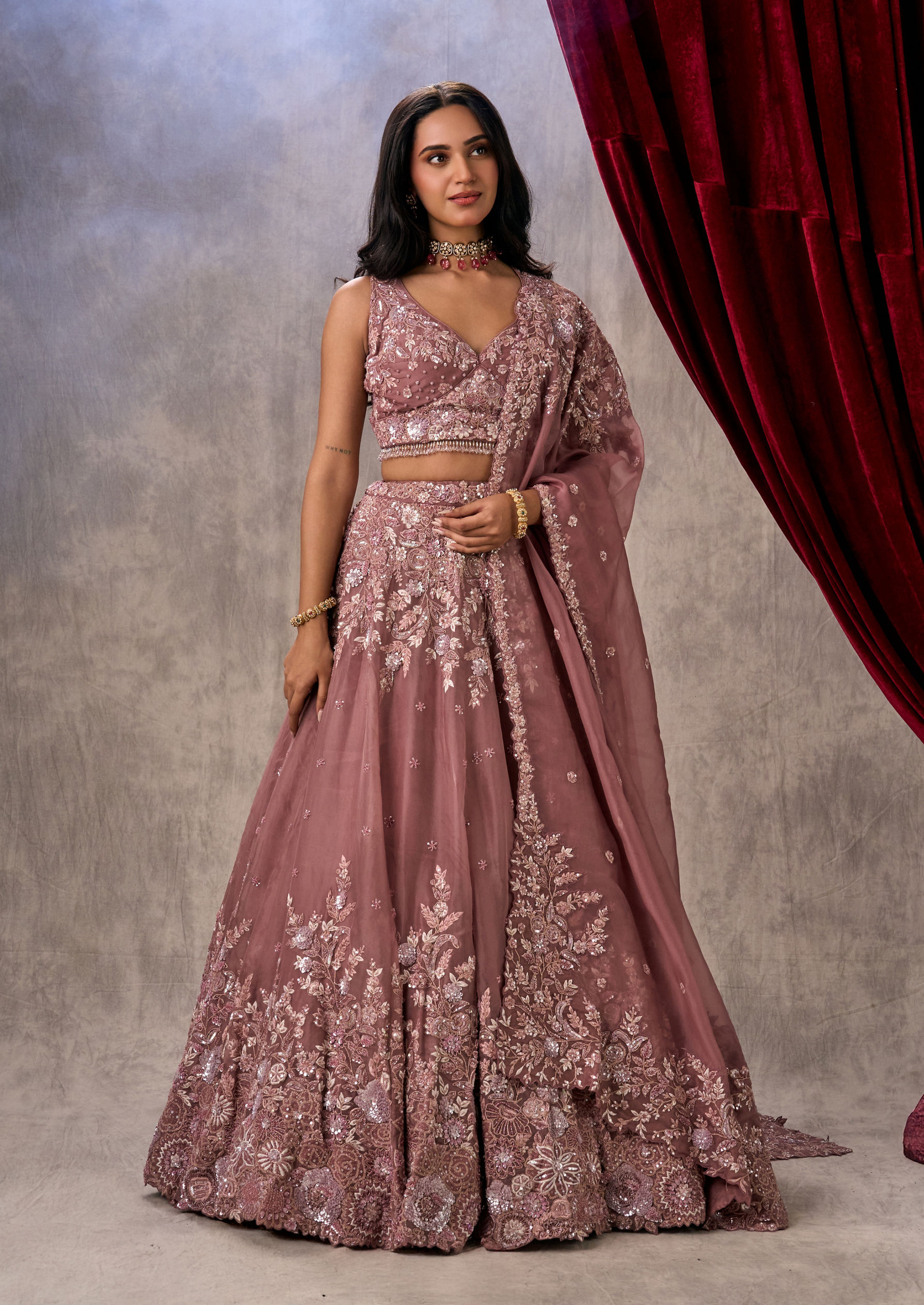 Twamev Women Dusty Pink Organza Lehenga