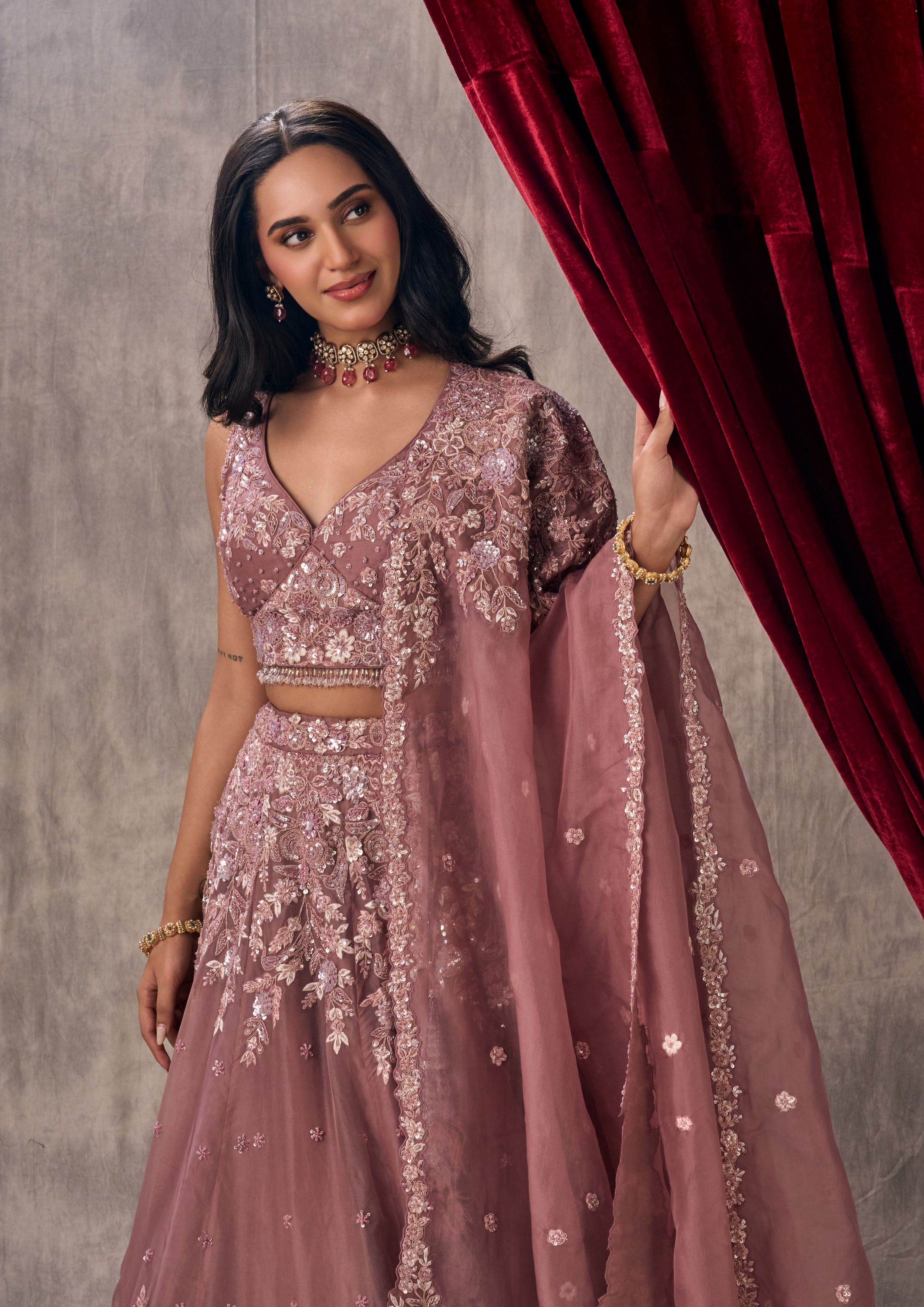 Twamev Women Dusty Pink Organza Lehenga