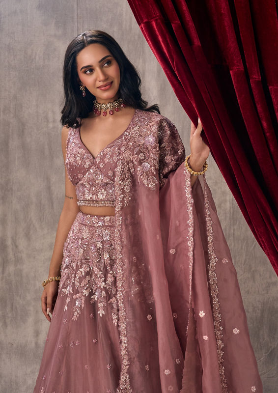 Twamev Women Dusty Pink Organza Lehenga