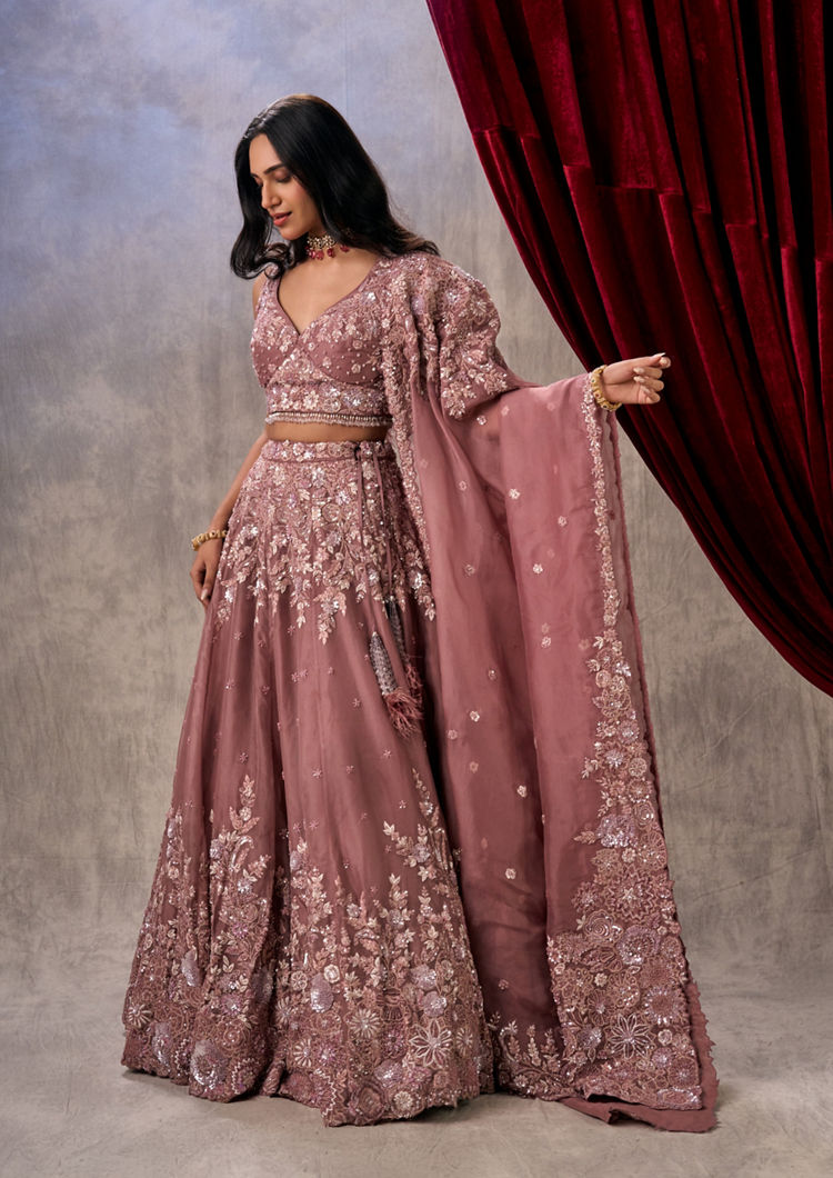 Twamev Women Dusty Pink Organza Lehenga