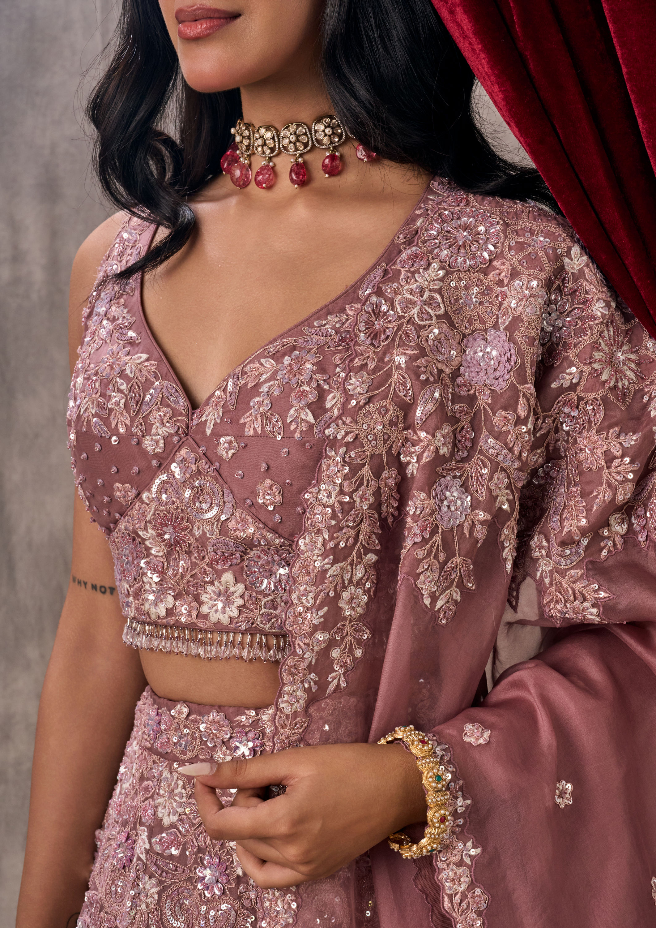 Twamev Women Dusty Pink Organza Lehenga