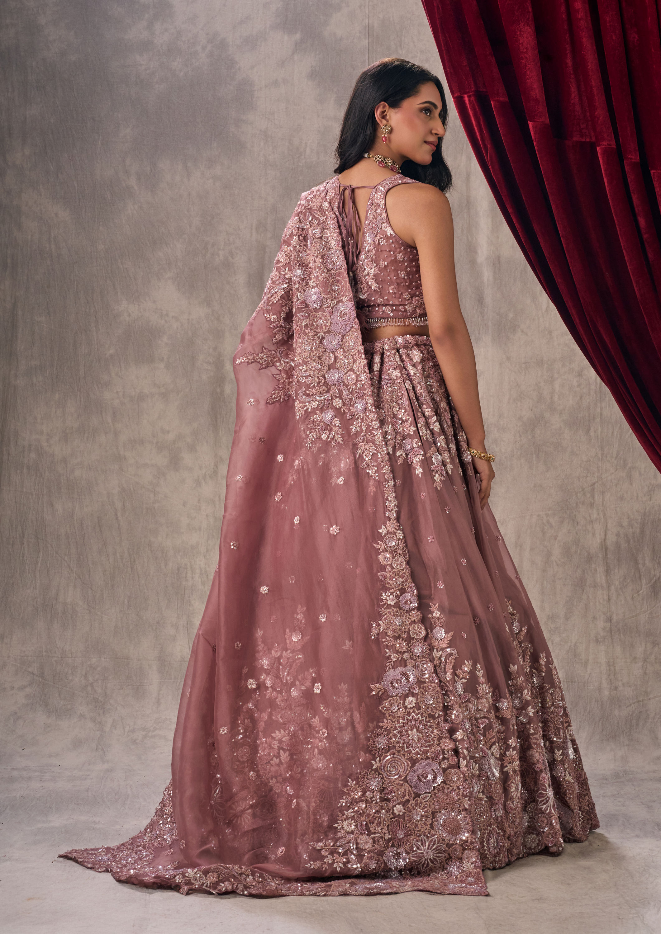 Twamev Women Dusty Pink Organza Lehenga