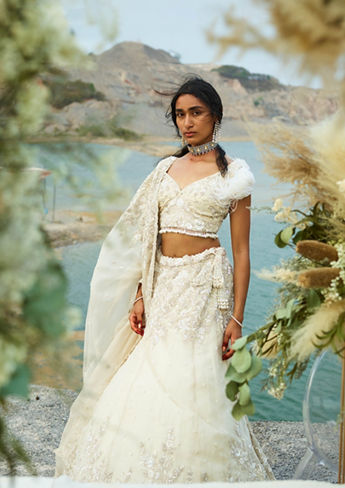 alt message - Twamev Women Ivory White Hand Embroidered Sequined Lehenga image number 2