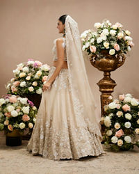 Twamev Women Cream Beige Floral Embroidered Lehenga with Sequins Work