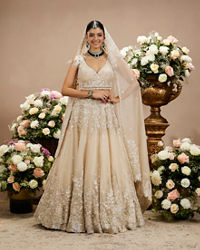 Twamev Women Cream Beige Floral Embroidered Lehenga with Sequins Work