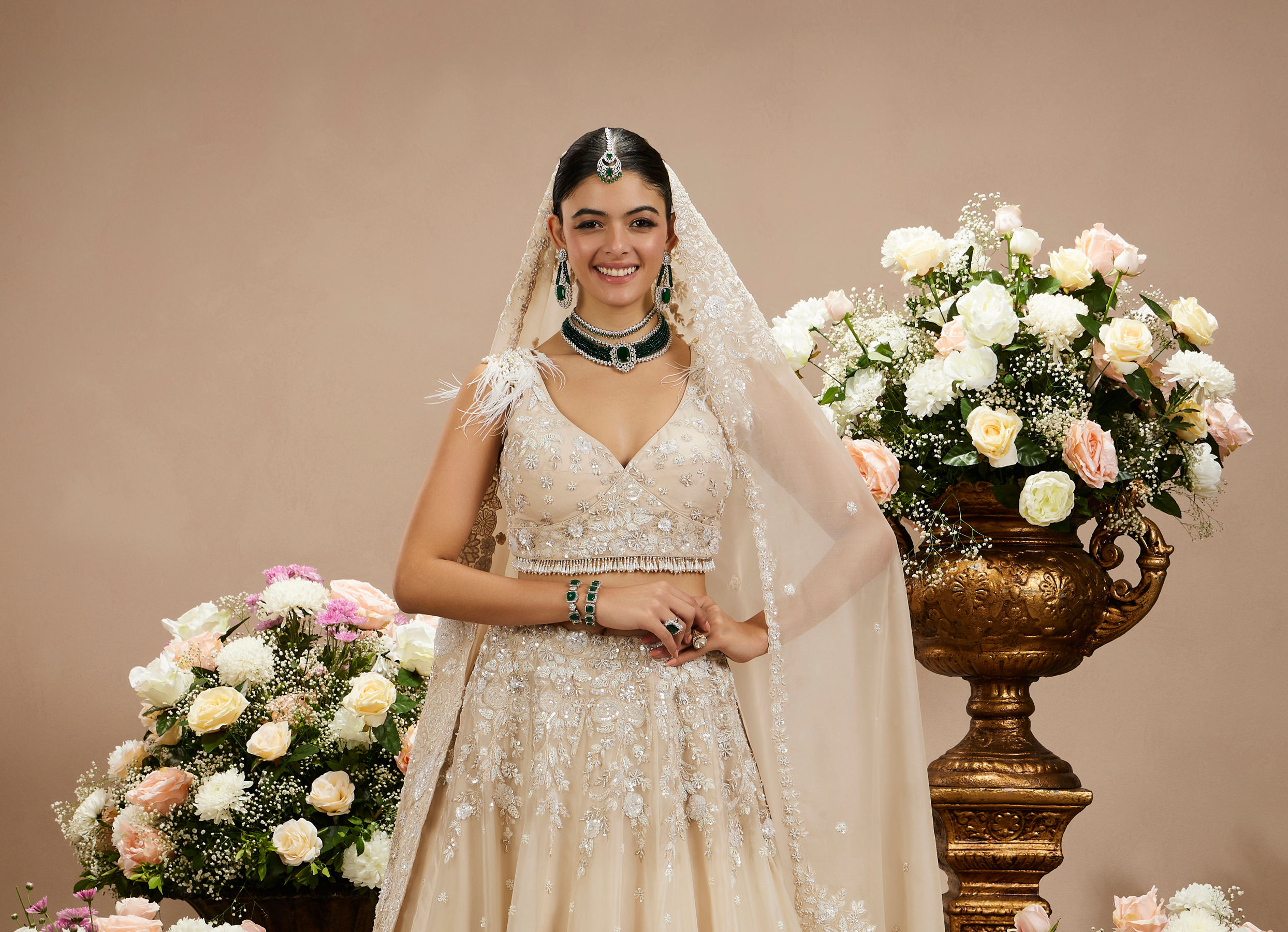 Twamev Women Cream Beige Floral Embroidered Lehenga with Sequins Work