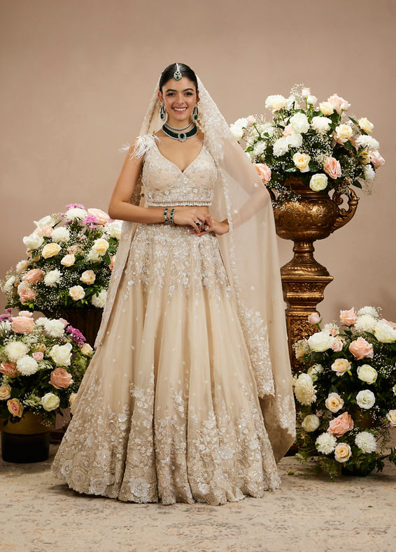 Twamev Women Cream Beige Floral Embroidered Lehenga with Sequins Work