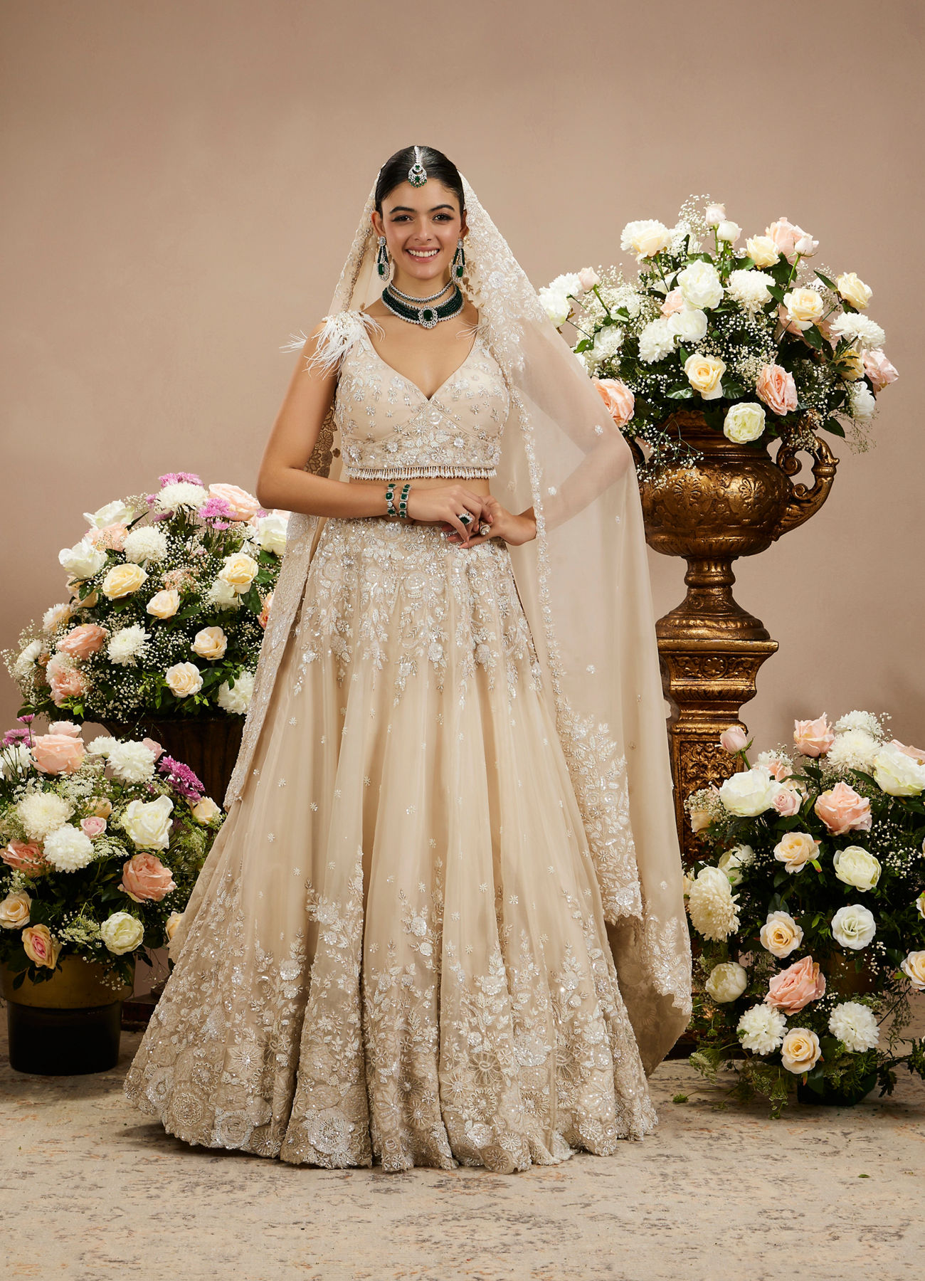 Twamev Women Cream Beige Floral Embroidered Lehenga with Sequins Work