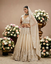 Twamev Women Cream Beige Floral Embroidered Lehenga with Sequins Work