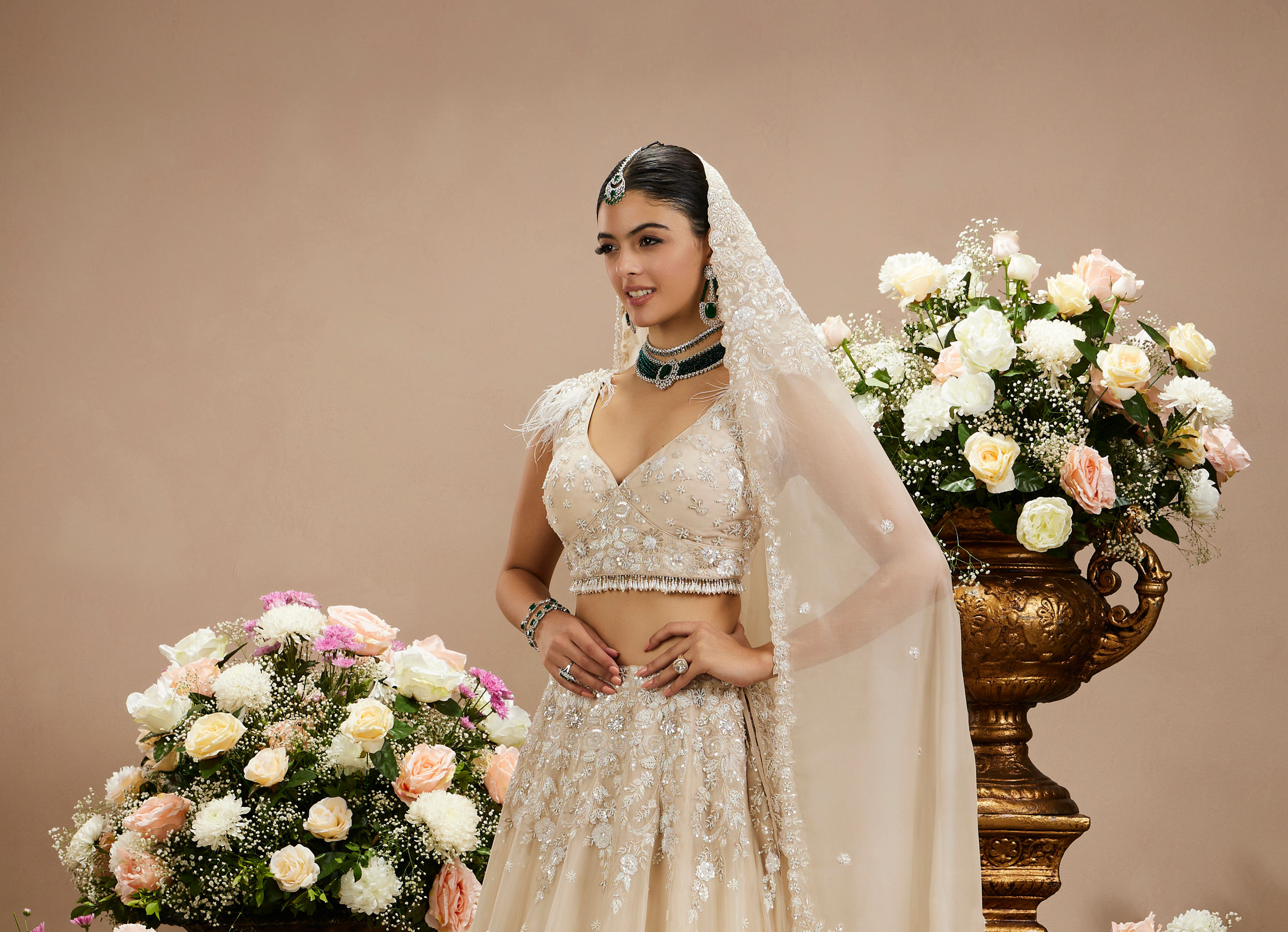 Twamev Women Cream Beige Floral Embroidered Lehenga with Sequins Work