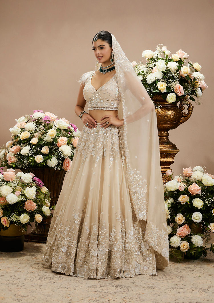 Twamev Women Ivory White Hand Embroidered Sequined Lehenga