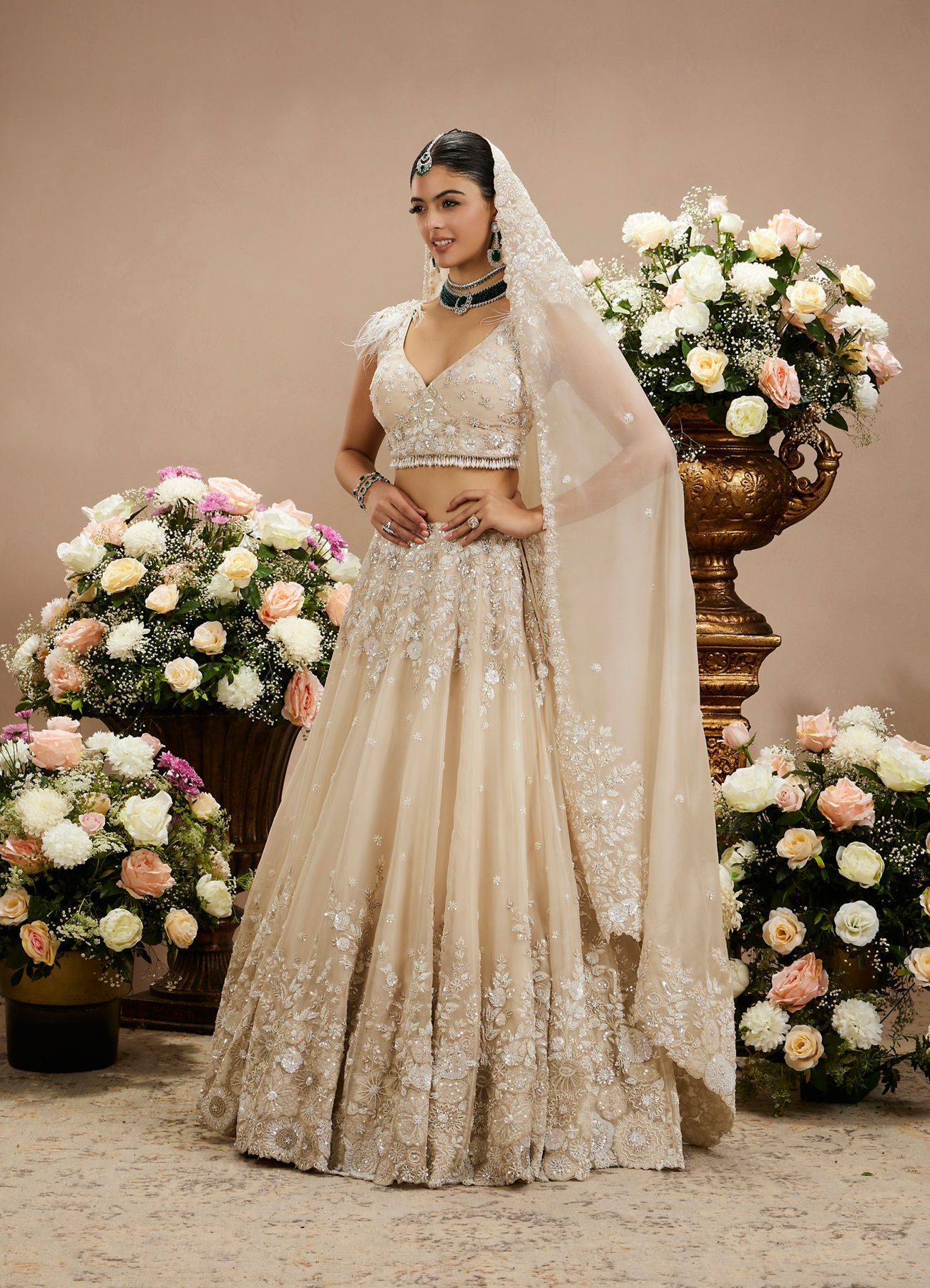 Twamev Women Cream Beige Floral Embroidered Lehenga with Sequins Work