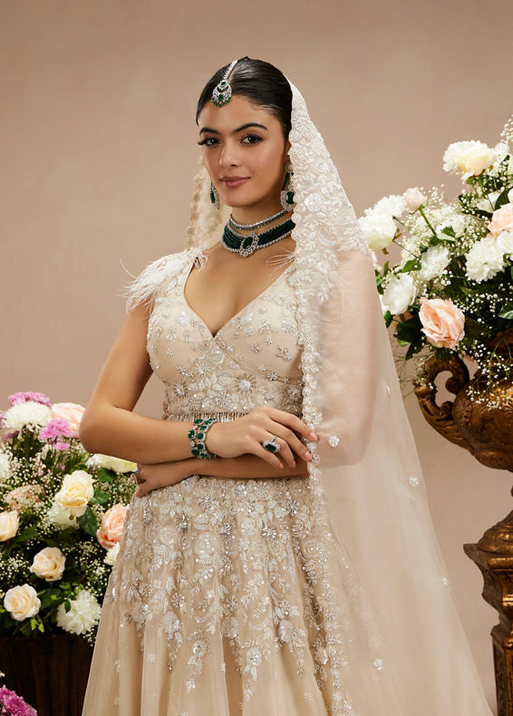 Twamev Women Cream Beige Floral Embroidered Lehenga with Sequins Work