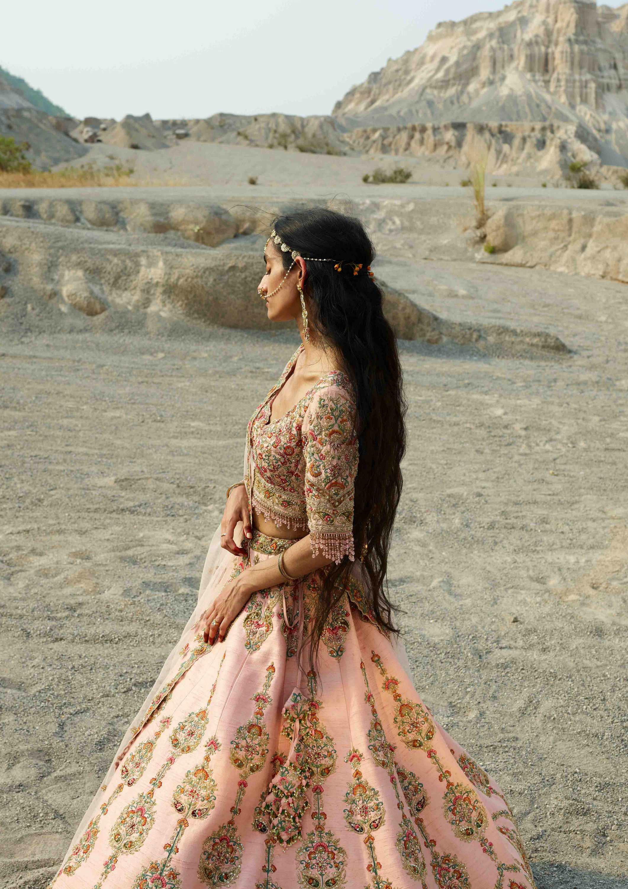 alt message - Twamev Women Velied Rose Pink Hand Embroidered Lehenga with Floral Motifs image number 1