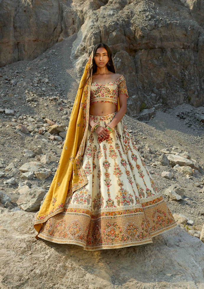 Twamev Women Pearl White Hand Embroidered Lehenga with Floral Motifs