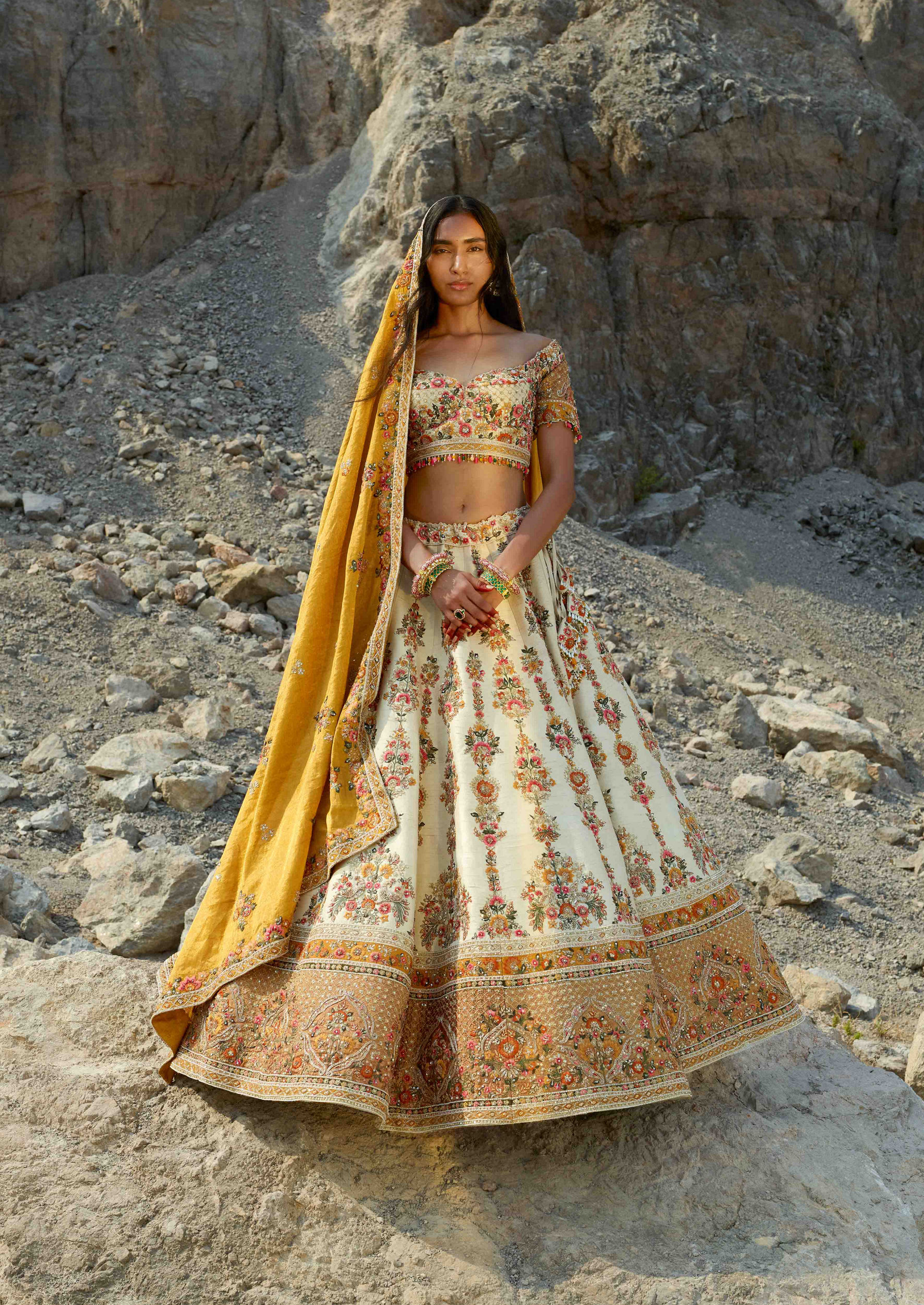Twamev Women Pearl White Hand Embroidered Lehenga with Floral Motifs