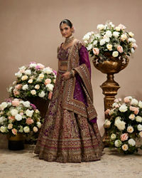 Twamev Women Royal Purple And Cherry Red Embroidered Lehenga with Paisley
