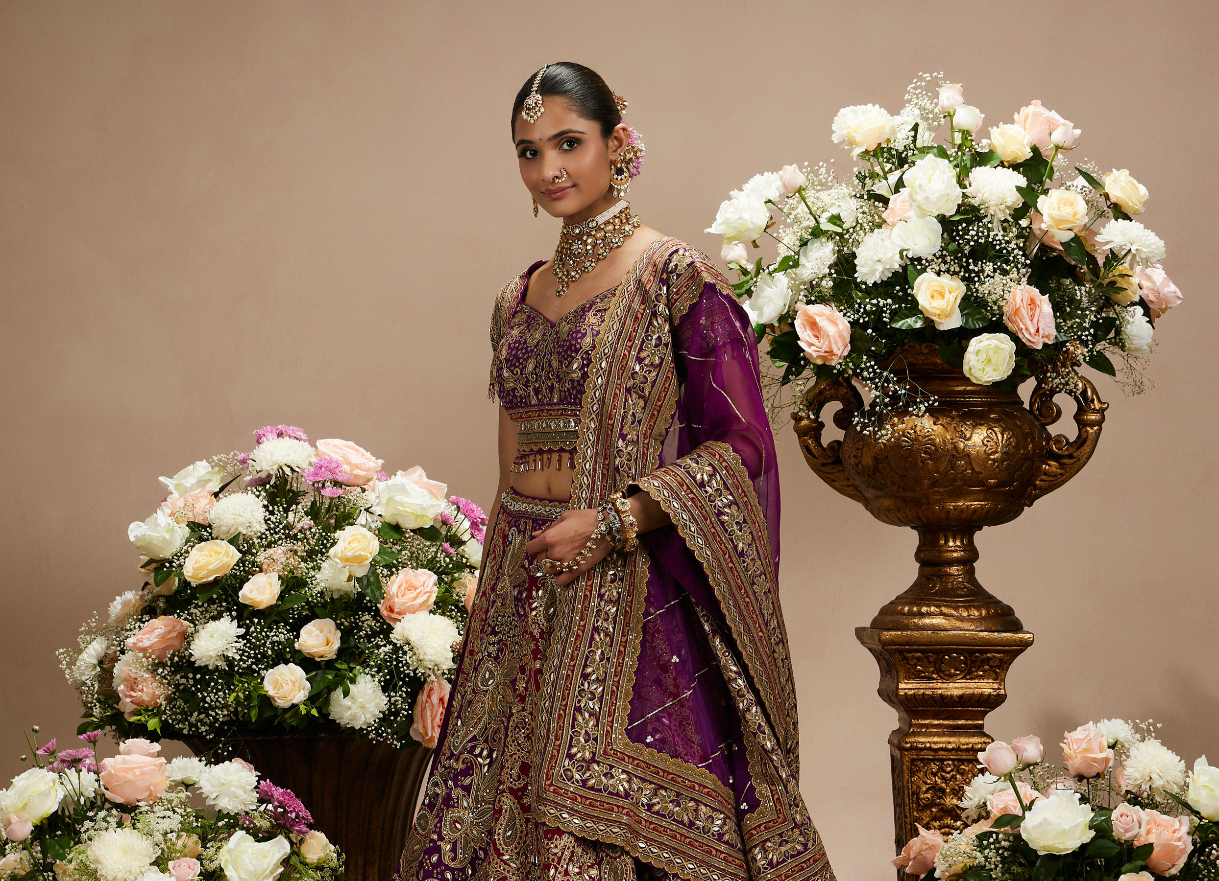 Twamev Women Royal Purple And Cherry Red Embroidered Lehenga with Paisley