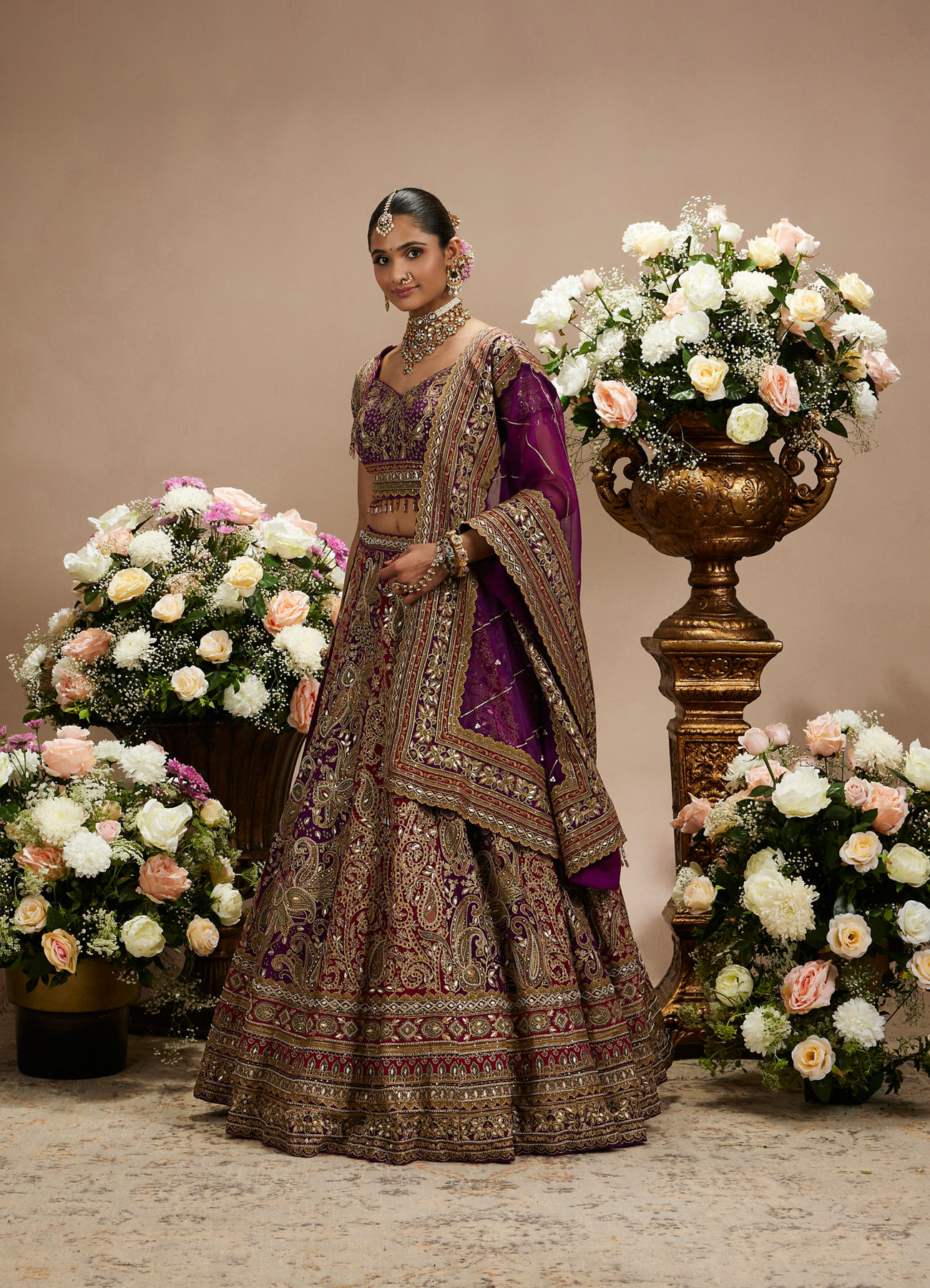 Twamev Women Royal Purple And Cherry Red Embroidered Lehenga with Paisley