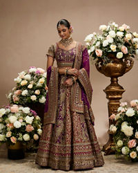 Twamev Women Royal Purple And Cherry Red Embroidered Lehenga with Paisley