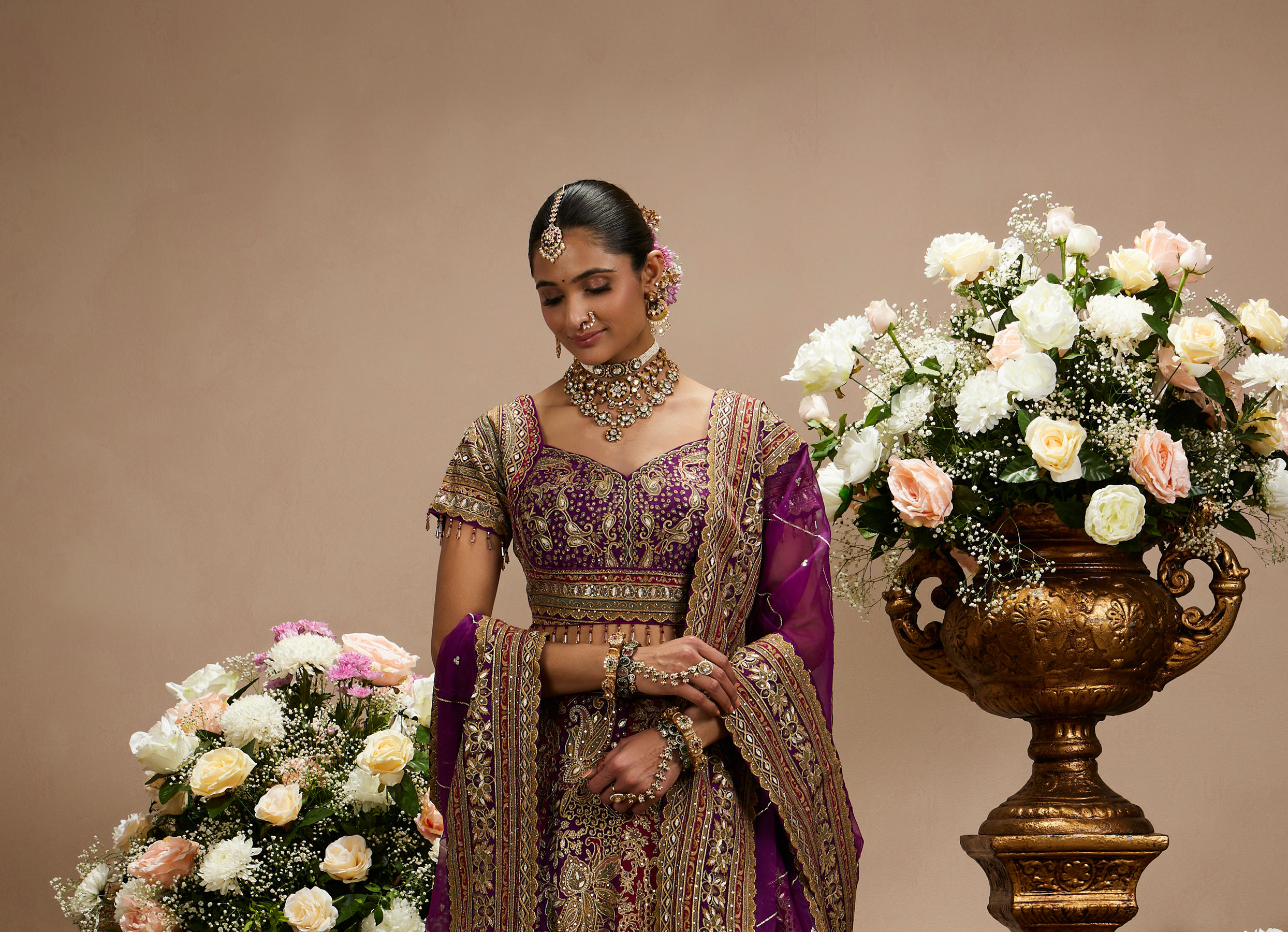 Twamev Women Royal Purple And Cherry Red Embroidered Lehenga with Paisley