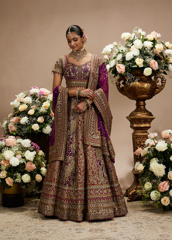 Twamev Women Royal Purple And Cherry Red Embroidered Lehenga with Paisley