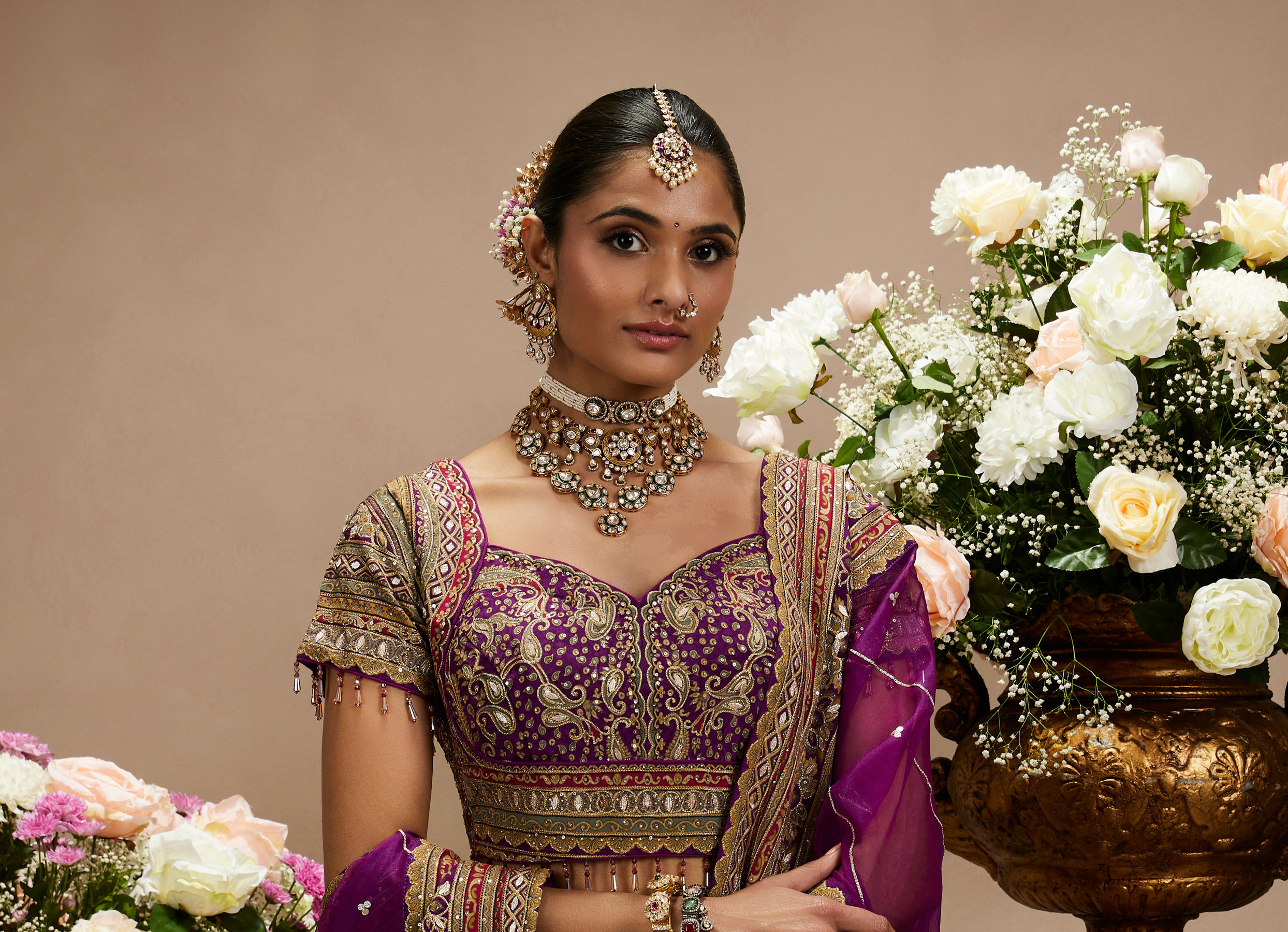 Twamev Women Royal Purple And Cherry Red Embroidered Lehenga with Paisley