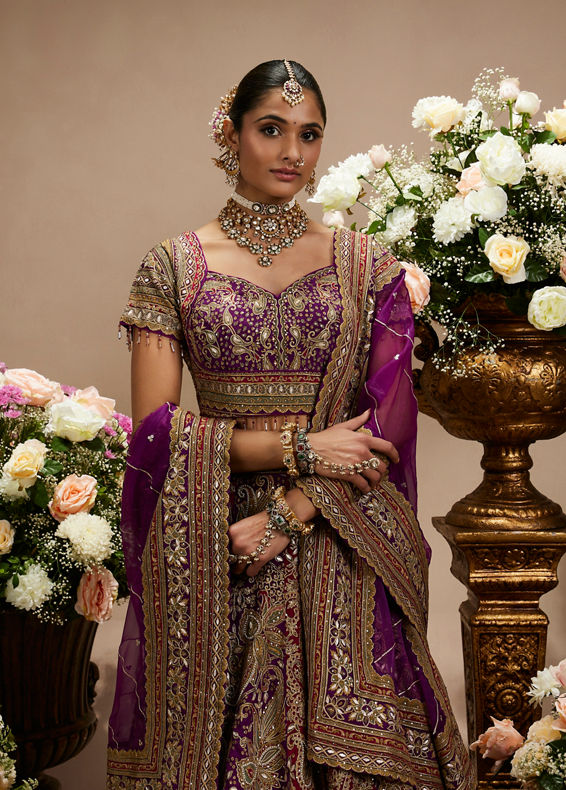 Twamev Women Royal Purple And Cherry Red Embroidered Lehenga with Paisley