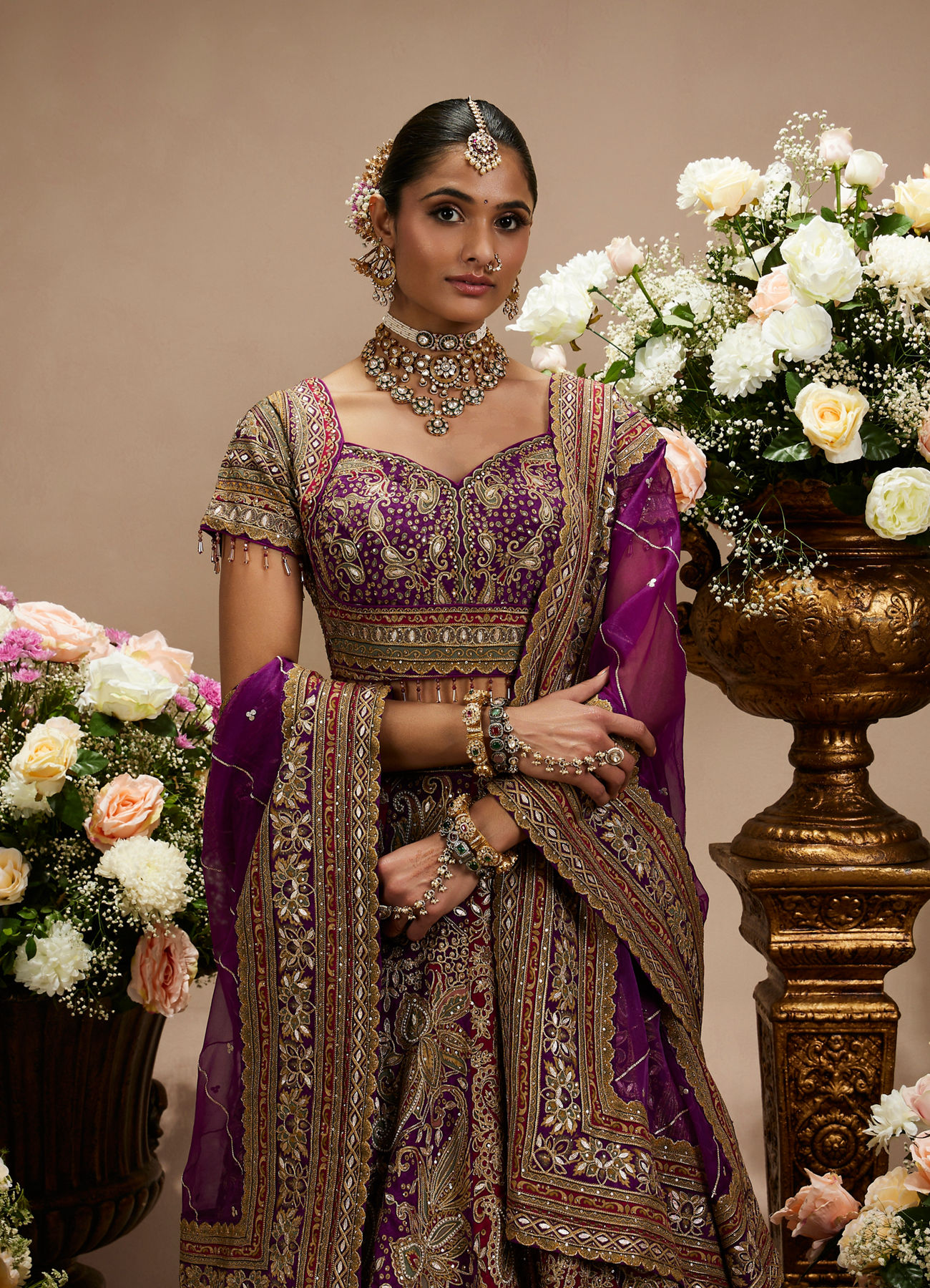 Twamev Women Royal Purple And Cherry Red Embroidered Lehenga with Paisley