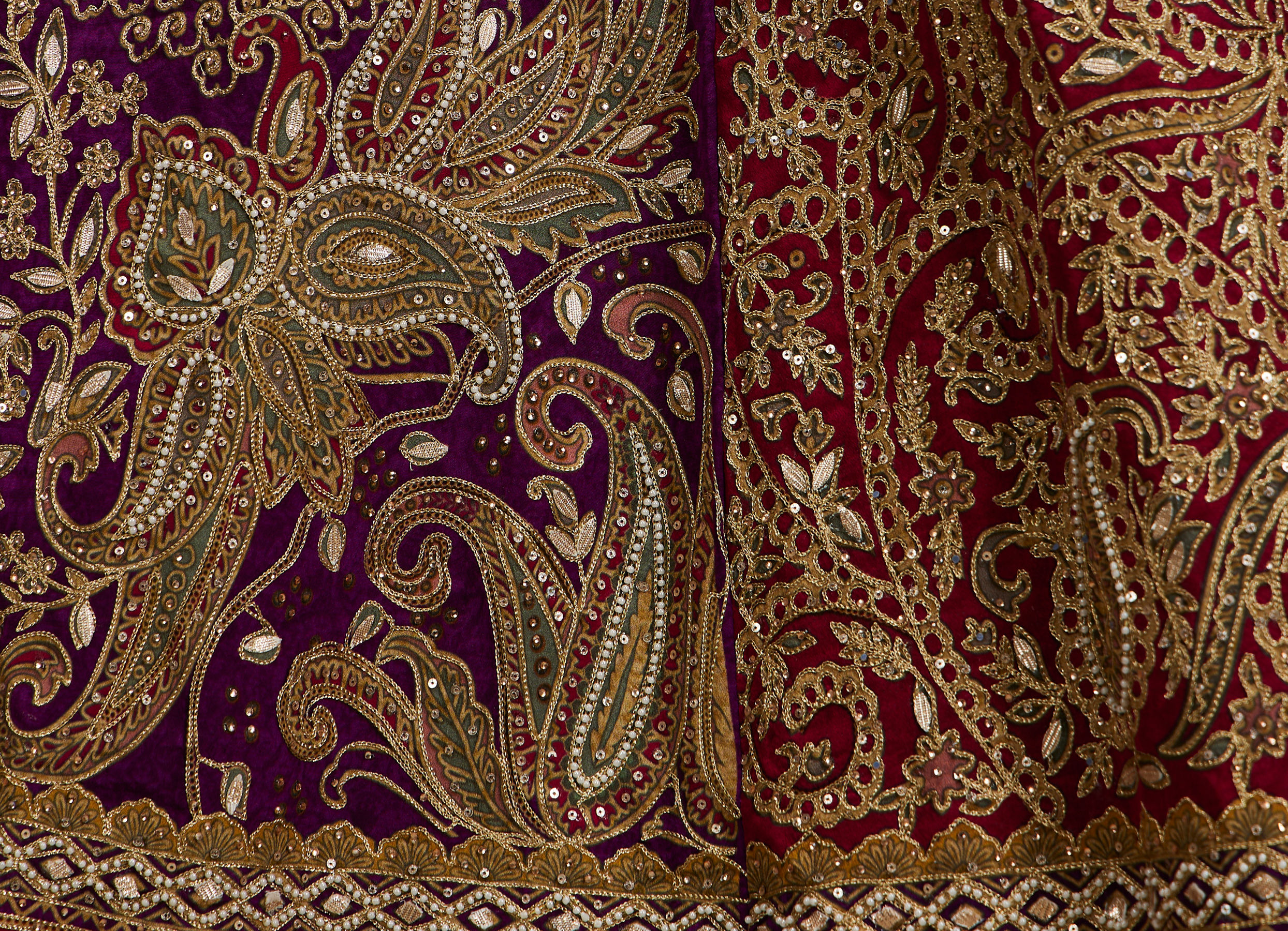 Twamev Women Royal Purple And Cherry Red Embroidered Lehenga with Paisley