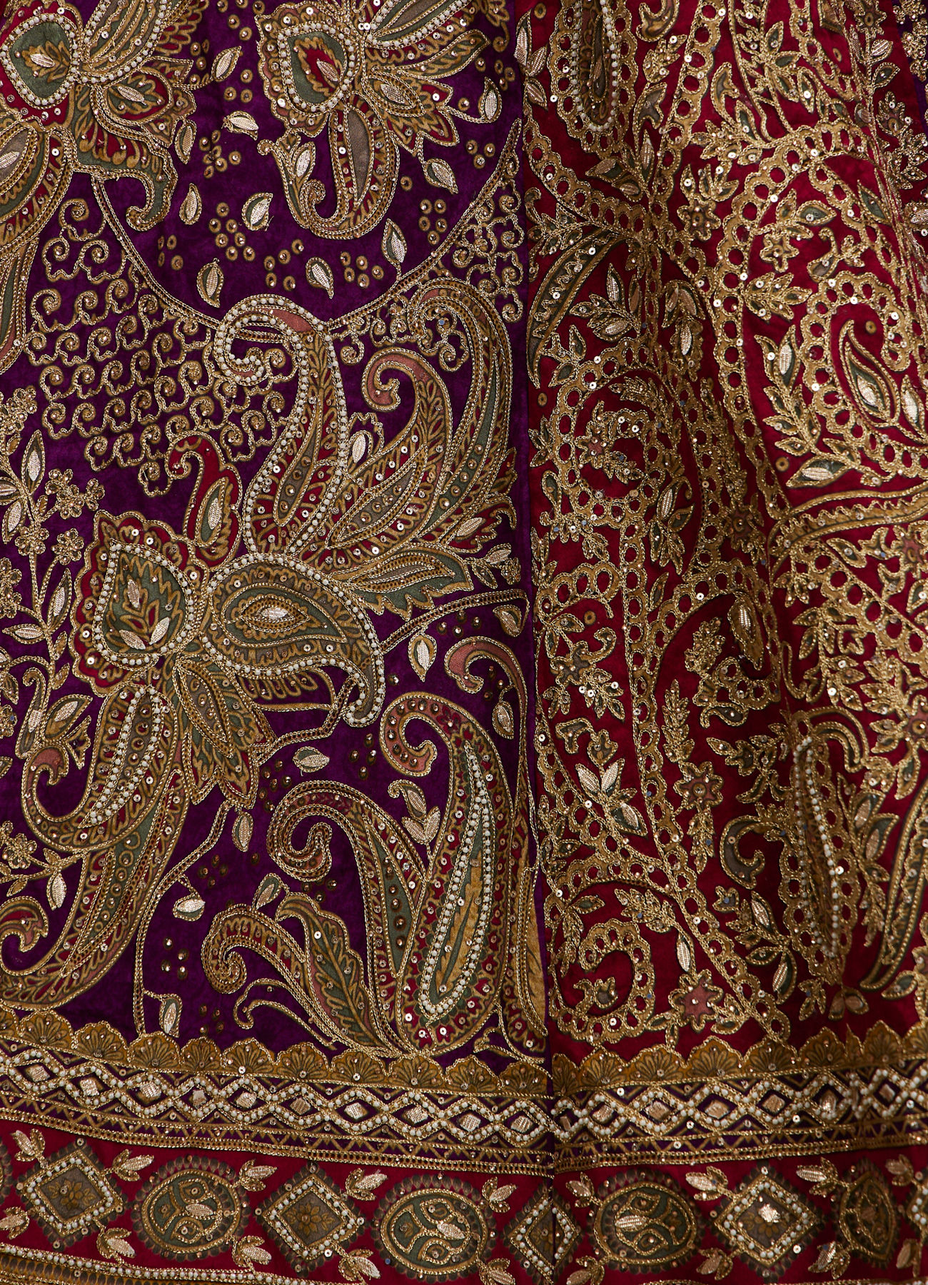 Twamev Women Royal Purple And Cherry Red Embroidered Lehenga with Paisley