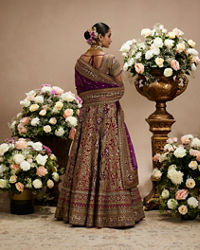 Twamev Women Royal Purple And Cherry Red Embroidered Lehenga with Paisley