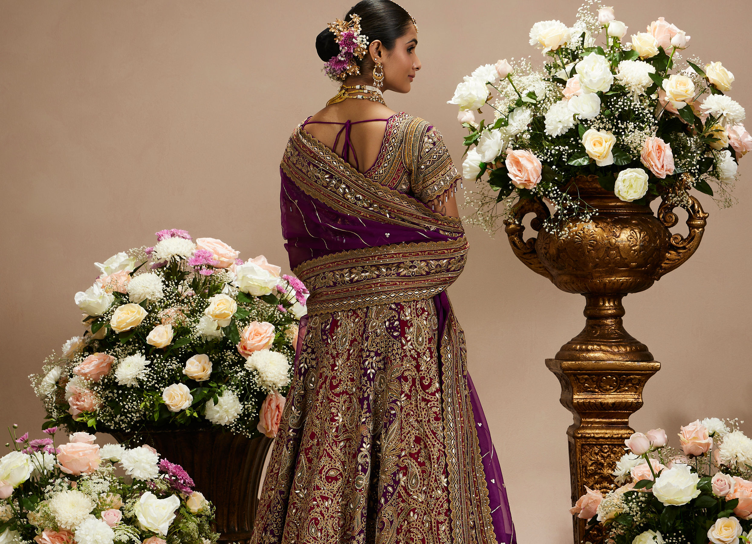 Twamev Women Royal Purple And Cherry Red Embroidered Lehenga with Paisley