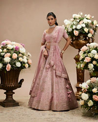 Twamev Women Baby Pink Zari Embroidered Lehenga with Floral And Buta Motifs And Pillow Trim Latkans