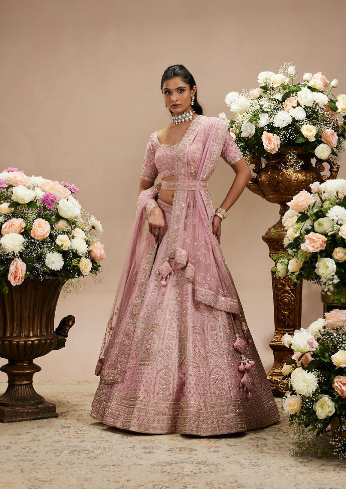 Twamev Women Baby Pink Zari Embroidered Lehenga with Floral And Buta Motifs And Pillow Trim Latkans