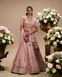 Twamev Women Baby Pink Zari Embroidered Lehenga with Floral And Buta Motifs And Pillow Trim Latkans