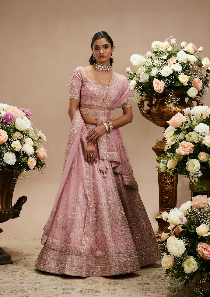 Twamev Women Baby Pink Zari Embroidered Lehenga with Floral And Buta Motifs And Pillow Trim Latkans
