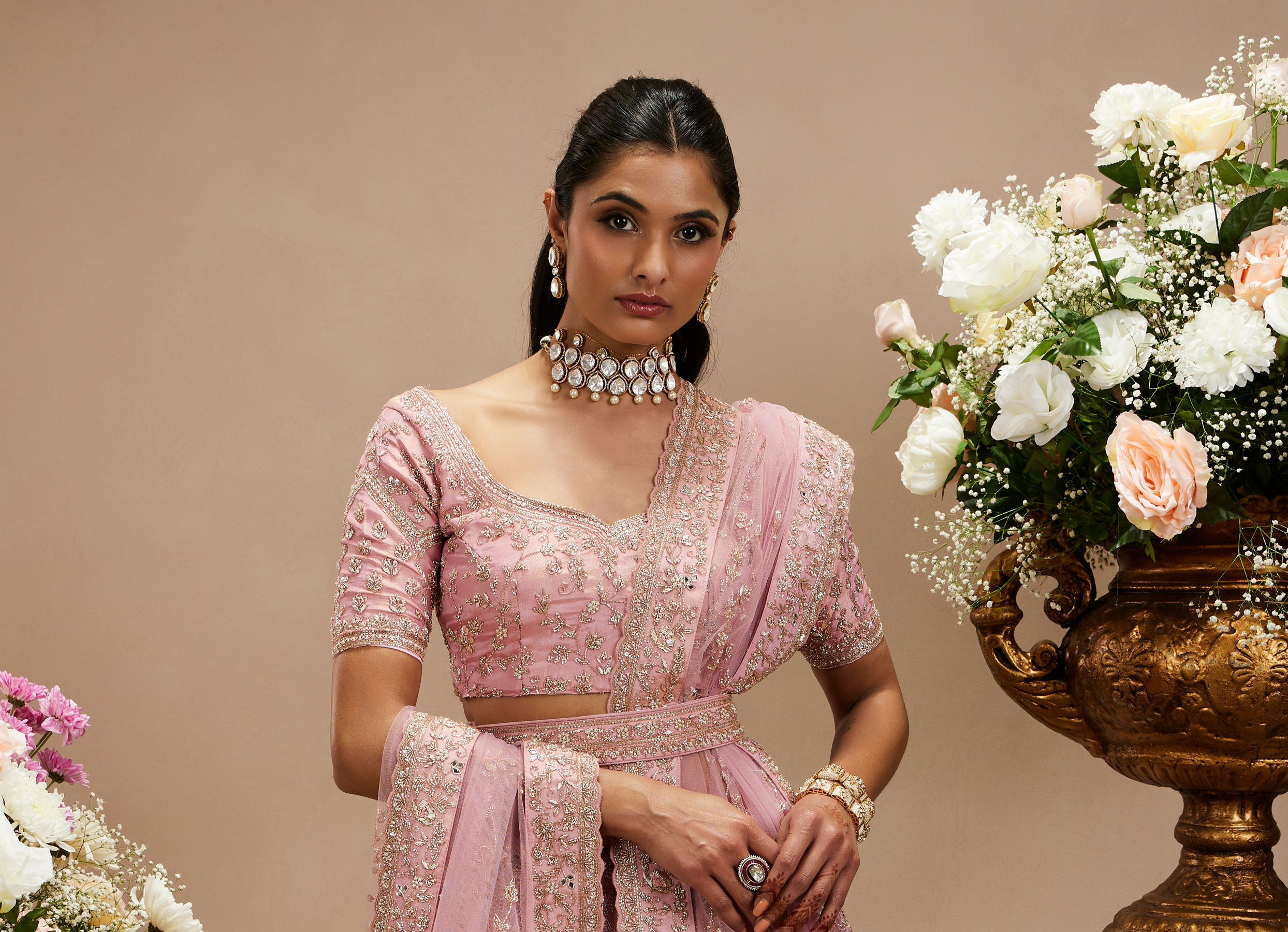 Twamev Women Baby Pink Zari Embroidered Lehenga with Floral And Buta Motifs And Pillow Trim Latkans