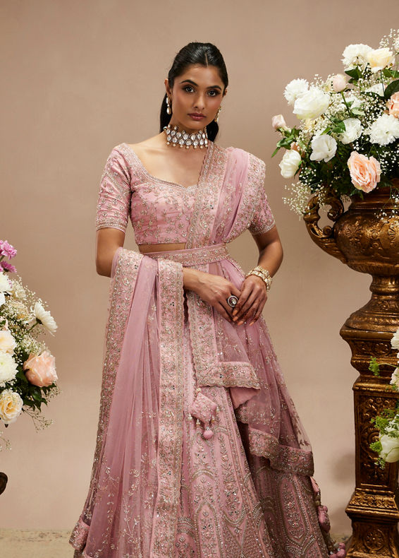 Twamev Women Baby Pink Zari Embroidered Lehenga with Floral And Buta Motifs And Pillow Trim Latkans