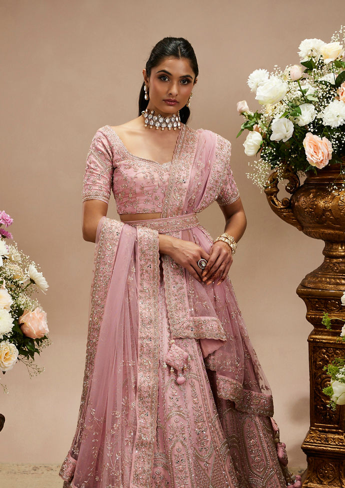 Twamev Women Baby Pink Zari Embroidered Lehenga with Floral And Buta Motifs And Pillow Trim Latkans