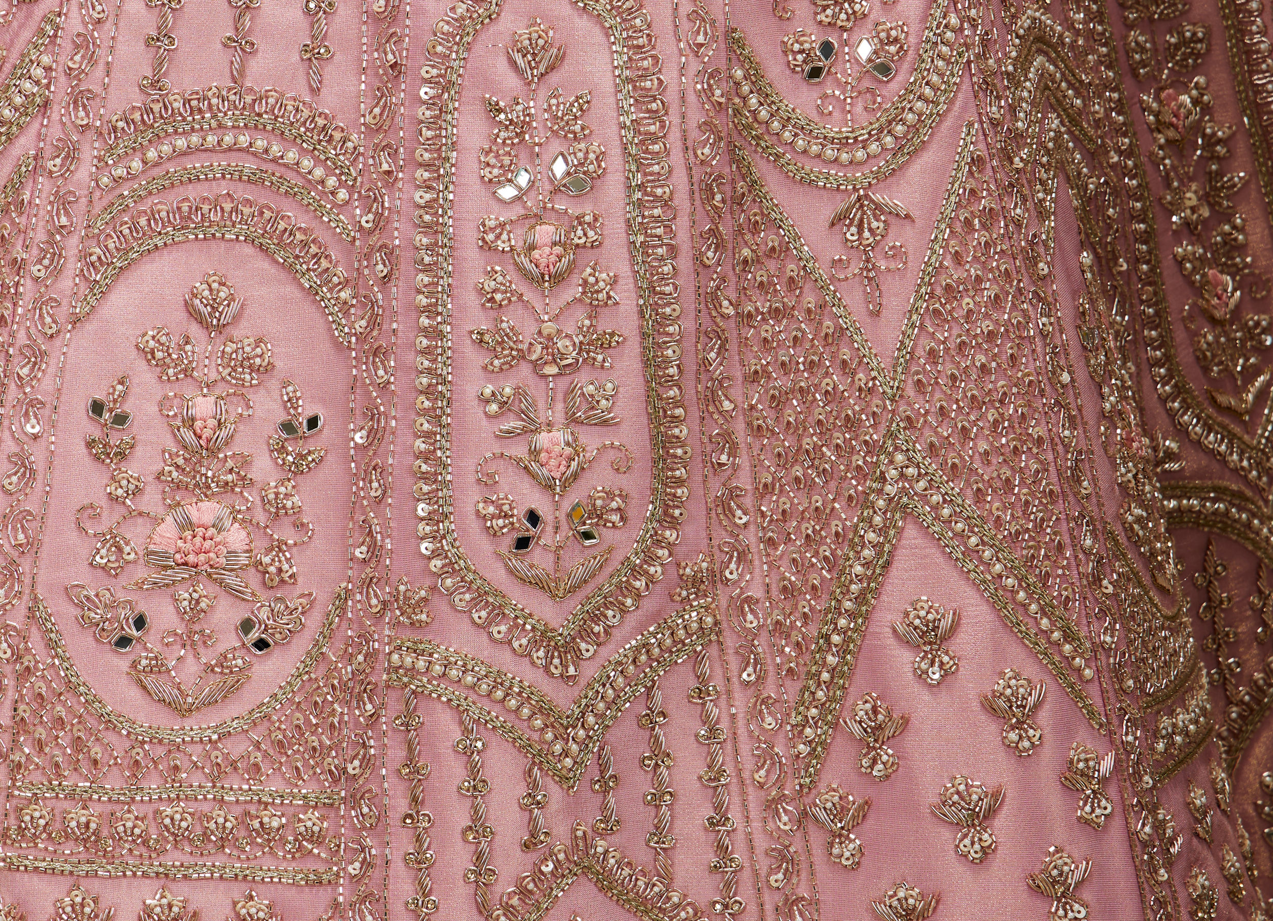 Twamev Women Baby Pink Zari Embroidered Lehenga with Floral And Buta Motifs And Pillow Trim Latkans