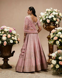 Twamev Women Baby Pink Zari Embroidered Lehenga with Floral And Buta Motifs And Pillow Trim Latkans