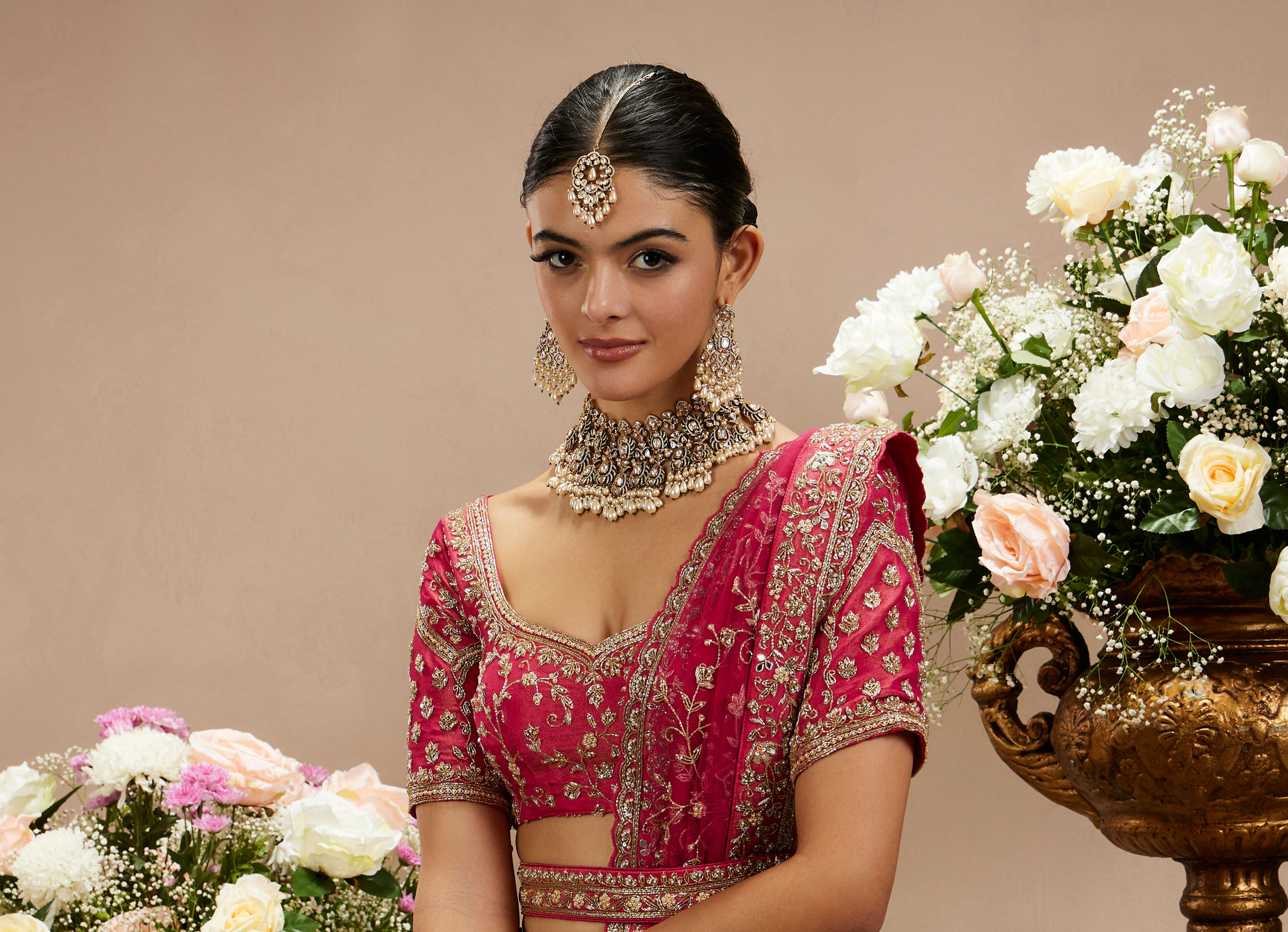 Twamev Women Rani Pink Zari Embroidered Lehenga with Floral And Buta Motifs And Pillow Trim Latkans