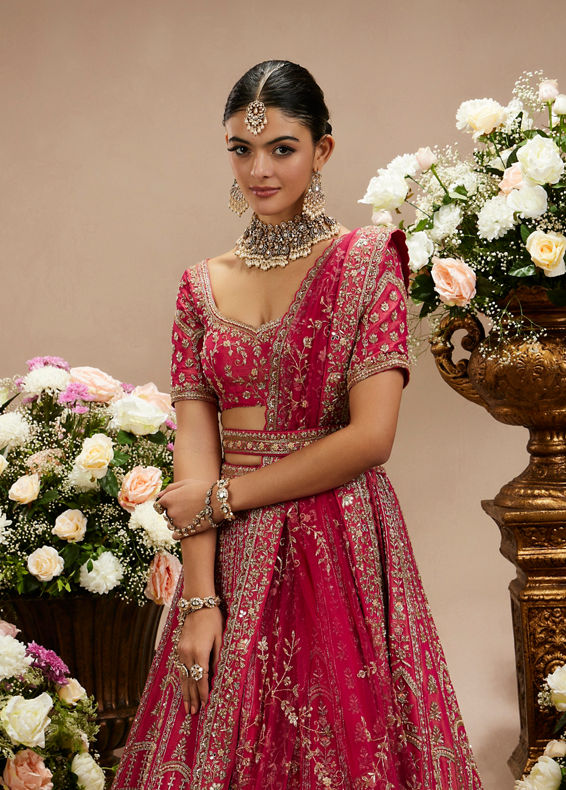 Twamev Women Rani Pink Zari Embroidered Lehenga with Floral And Buta Motifs And Pillow Trim Latkans
